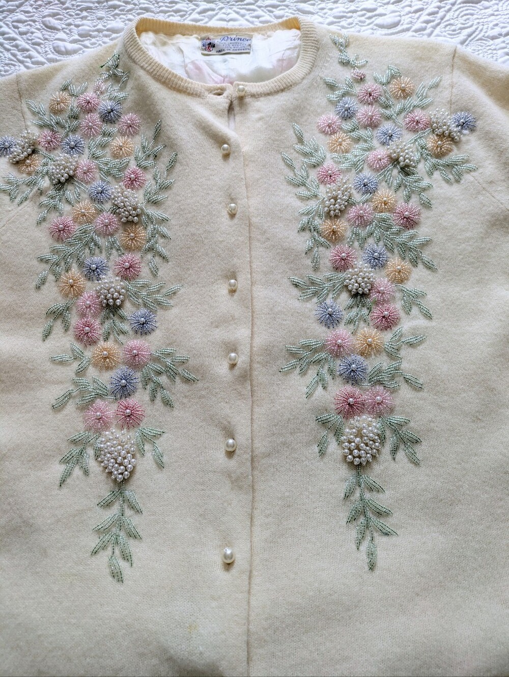 Vintage Ivory Embroidered & Pastel Beaded Floral Cardigan with Pearly Buttons - Picture 3 of 9